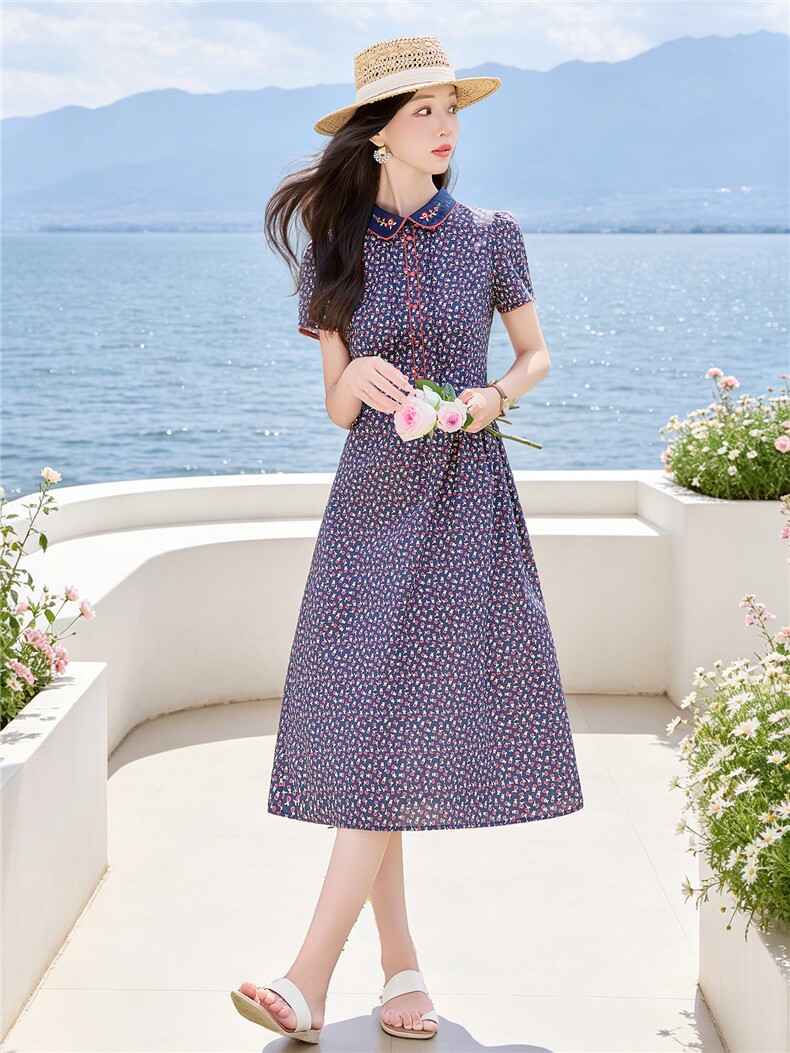 田园风碎花刺绣连衣裙女春夏收腰显瘦中长裙（细节图颜色为准）,女装连衣裙,水衣源