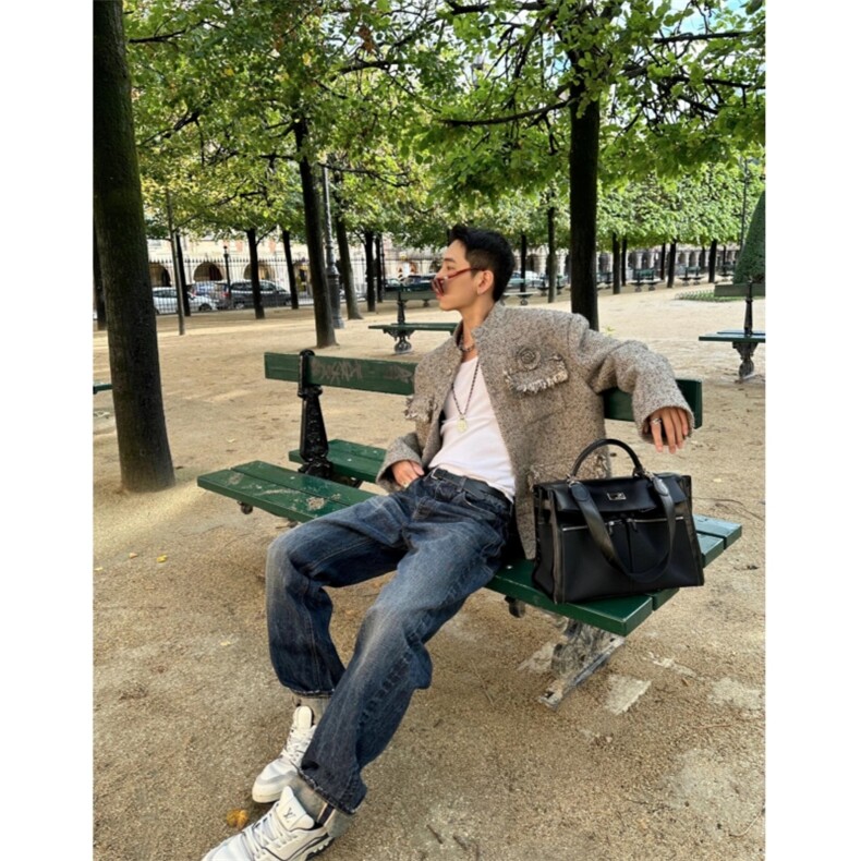 现货自制款抖音质量设计款拉毛胸花小香风夹克,男装夹克,星座910A