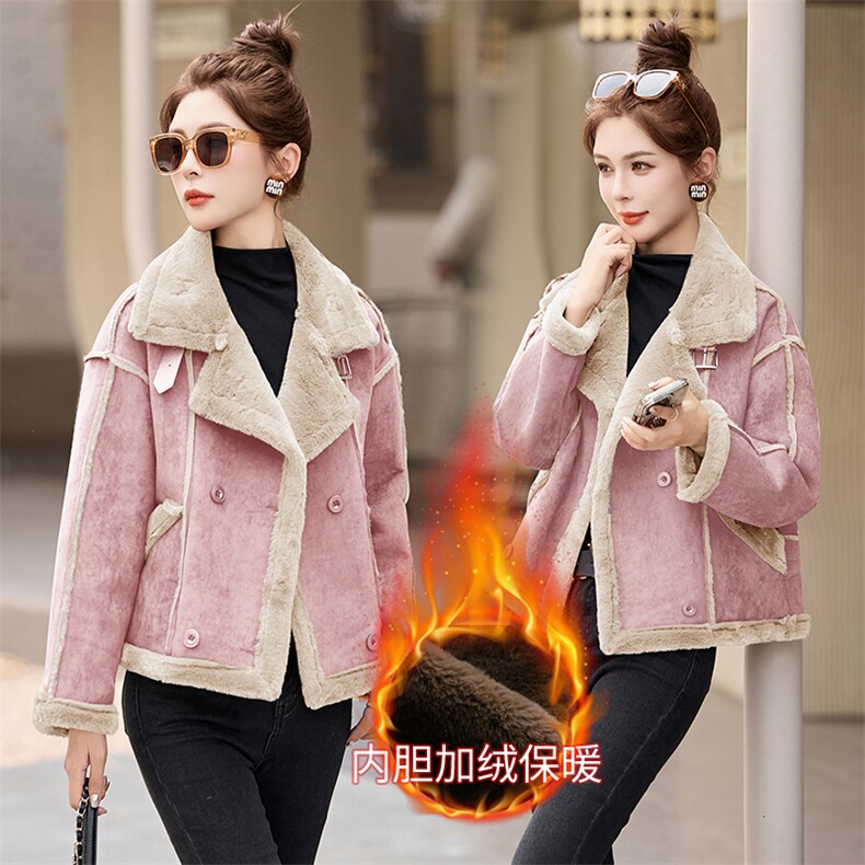 皮毛一体羊羔毛外套女2025冬新款小个子加厚保暖鹿皮绒机车服上衣,女装短外套,乐衣轩