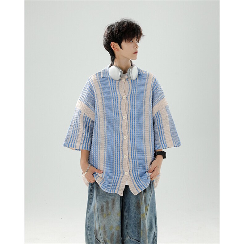8XL-M特大码美式撞色新中式短袖衬衫男翻领休闲针织开衫DX312P35,男装T恤,电商D206-1