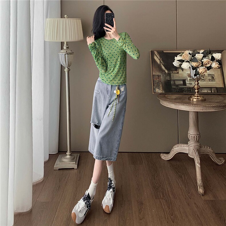 别致设计感时尚套装女夏新款绿色网纱波点上衣破洞牛仔中裤两件套,女装套装/套裙,2C310