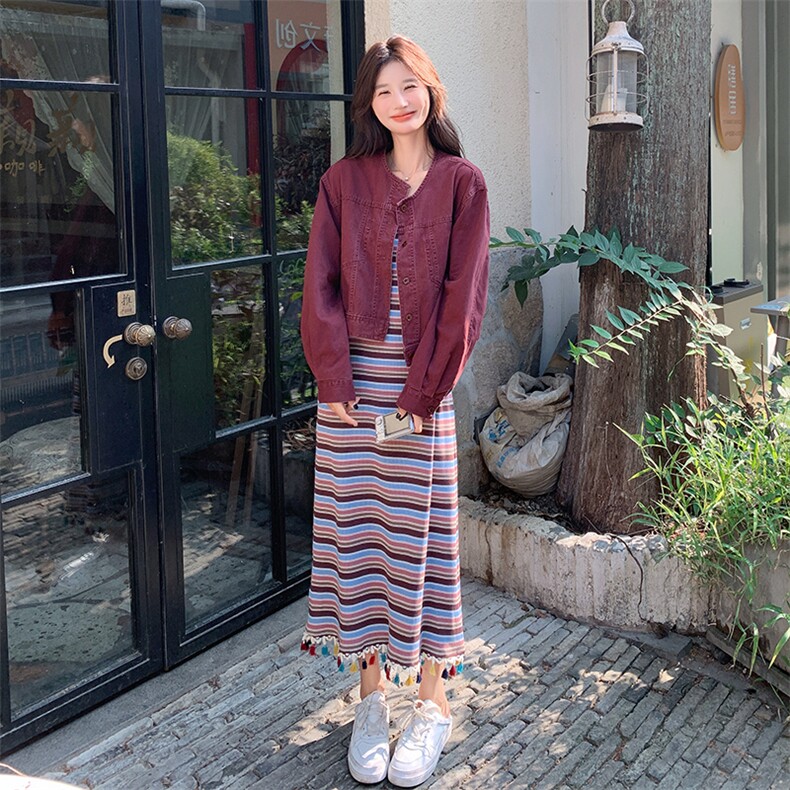 安哥拉红牛仔套装条纹连衣裙套装女春秋新款搭配一整套长裙两件套,女装套装/套裙,2C305
