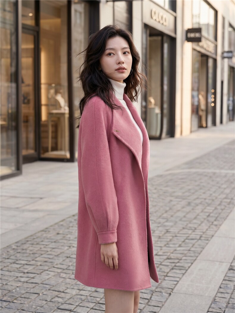 韩系泡泡袖双面毛呢外套女新款气质中长款外套,女装双面呢大衣,天品羊绒工厂