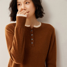 时尚百搭贝壳扣假两件女士衫优雅显瘦10%长袖毛衣，女装羊绒衫，昭美羊绒