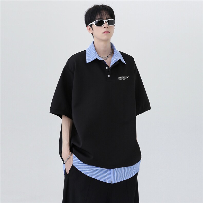 撞色拼接翻领cleanfit假两件短袖潮牌痞帅炸街t恤Polo衫T253-P48图片