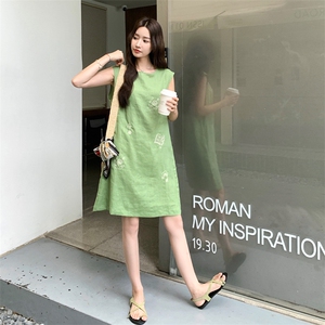 绿色无袖马甲连衣裙阔腿裤套装女夏文艺森系巨好看两件套爆款流行图片