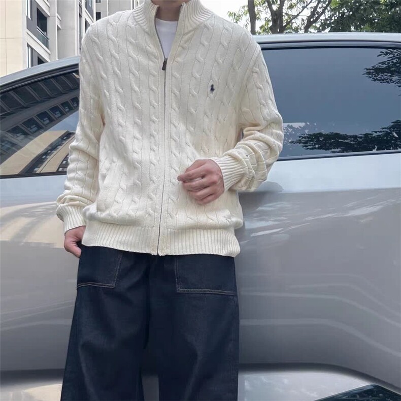 杏色小马刺绣开衫毛衣男秋冬季麻花纹针织开衫外套高级感立领线衫，男装针织衫/毛衣，星座603-2