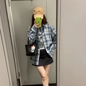 2025早秋新款小清新纯棉格子衬衫女韩版长袖宽松学生上衣春秋外套图片
