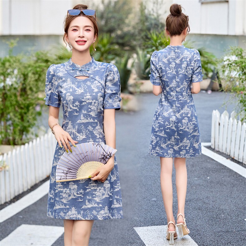 新中式风连衣裙女夏改良旗袍2025年新款高端小个子修身短款裙子，女装连衣裙，依多米