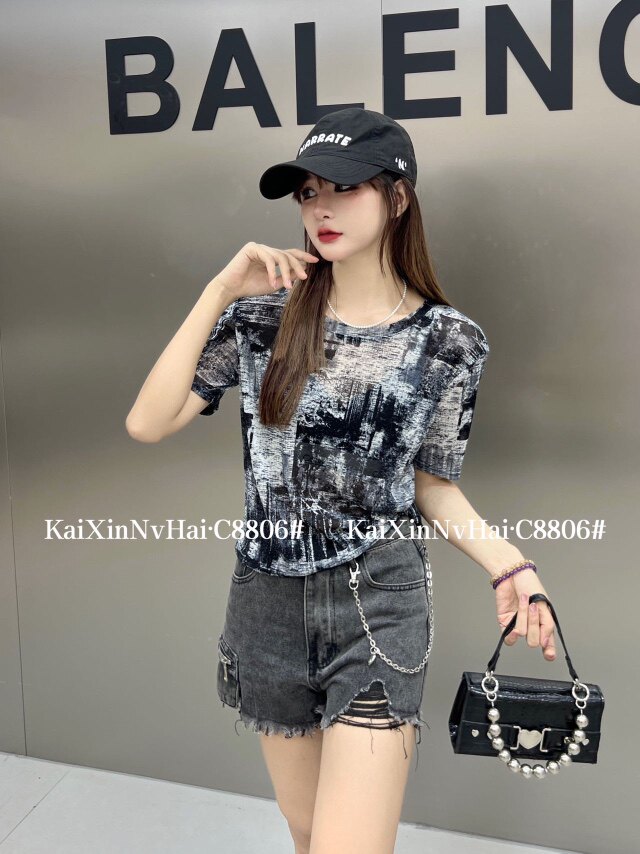 超弹网纱夏季薄款晕染可两穿带扣短袖上衣,女装T恤,东正羊绒