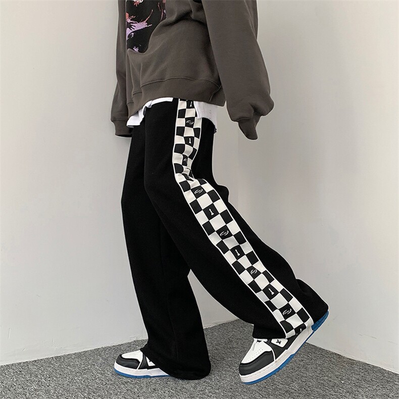 美式hiphop裤子高街ins潮牌侧边棋盘格裤子男A28P32图片