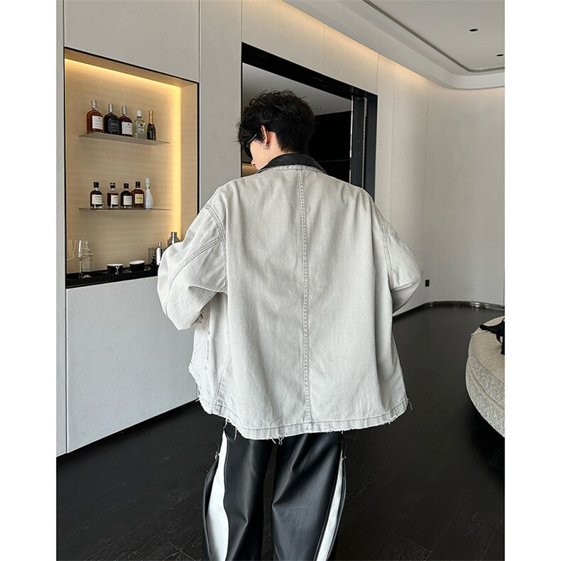 复古水洗撞色拼接翻领牛仔外套宽松休闲夹克外套,男装工装外套,星座410-7