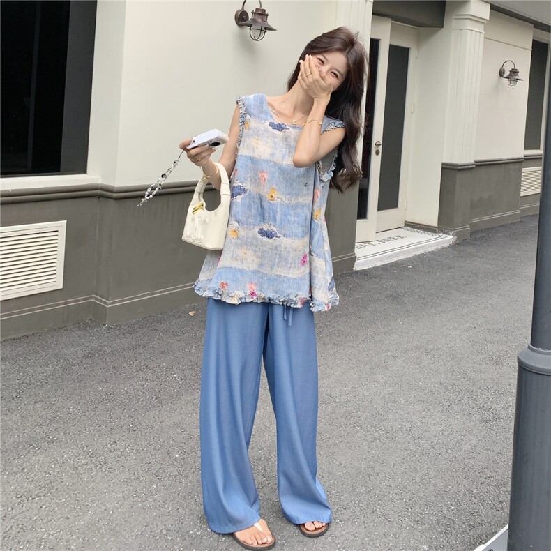 无袖背心时尚套装女阔腿裤2025夏季新款超火绣花巨好看的两件套,女装套装/套裙,2C232