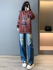 韩版时尚休闲套装女春季新款连帽刺绣卡通上衣破洞牛仔长裤两件套，女装套装/套裙，江南
