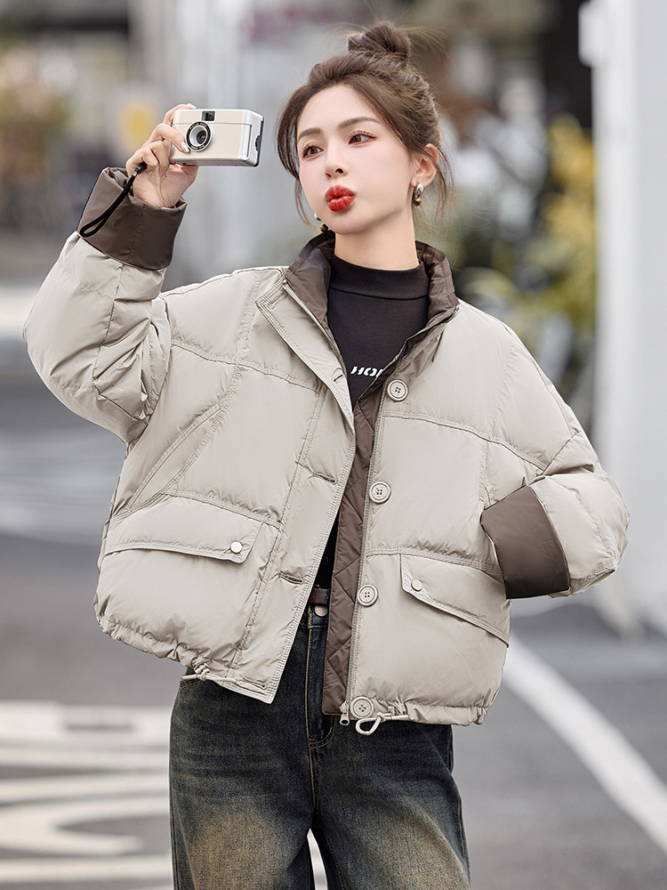 设计感针织拼接短款羽绒服女2025年冬季新款小个子加厚韩版面包服,女装羽绒服,美沁