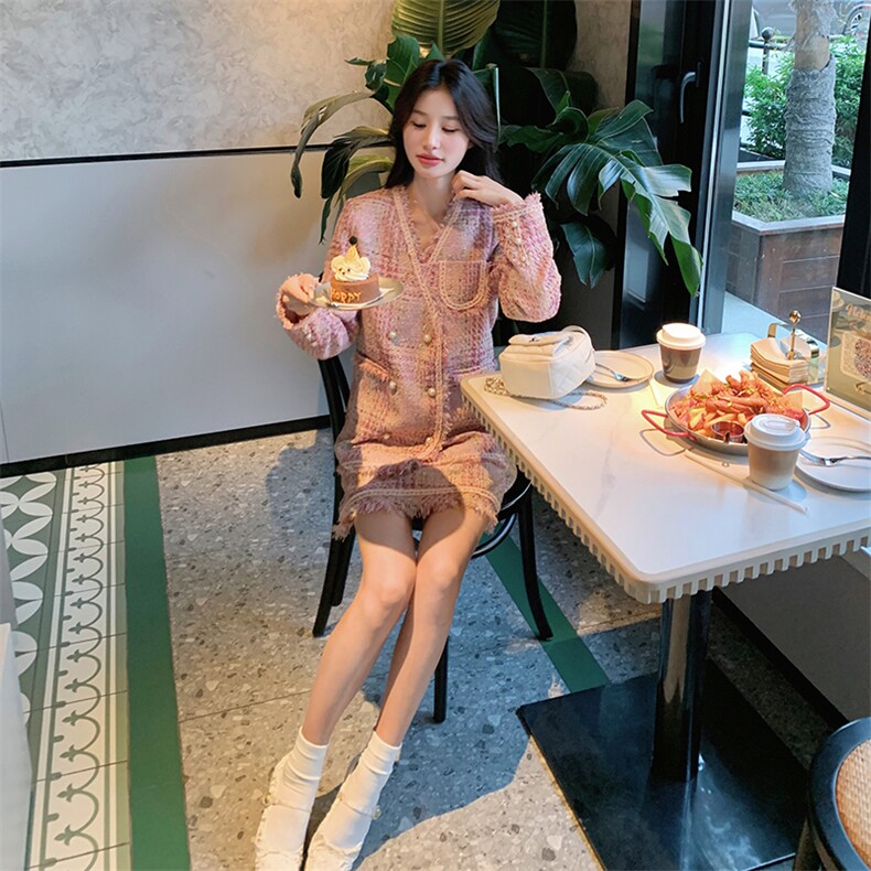 粉色粗花呢法式小香风女春季2025新款短外套A字裙时髦,女装毛呢外套,天使之佳话