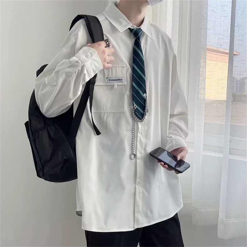 809-P38日系领带长袖衬衫男装宽松休闲春秋设计感小众百搭外穿，男装衬衫，电商B323A