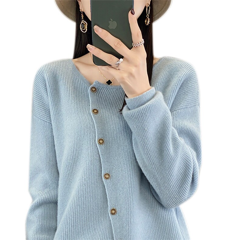 100%纯羊毛开衫女秋冬新款斜扣宽松慵懒羊绒衫外套毛衣长袖打底衫,女装羊毛衫,琳尚羊绒