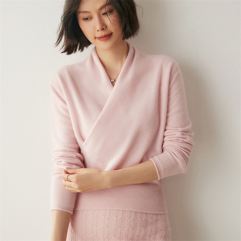 温柔交叉V领山羊绒衫气质秋冬时髦毛衣女打底针织打底羊毛衫粉色,女装羊绒衫,绒创羊绒