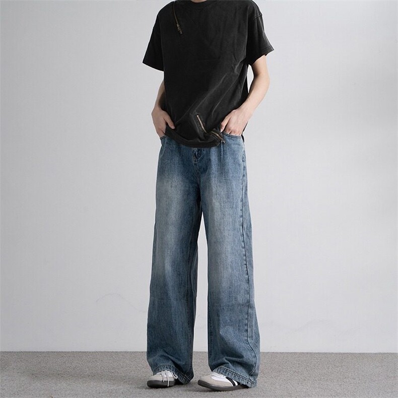 美式复古蓝色直筒牛仔裤男潮牌水洗cleanfit阔腿休闲长裤,男装牛仔裤,星座506A