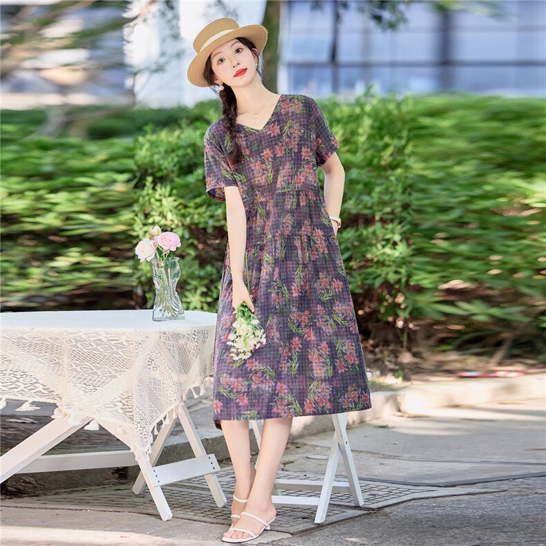 休闲宽松紫色碎花棉麻连衣裙女2026夏季洋气妈妈遮肚显瘦直筒裙子,女装连衣裙,倪叶myz