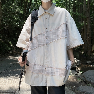 夏季宽松美式复古港风拼接短袖衬衫设计感CS0110-P38图片