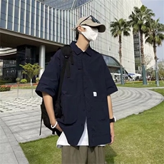 F244-P35夏季日系潮牌原宿短袖衬衣2024新款工装衬衫外套男现货，男装衬衫，星座512-6