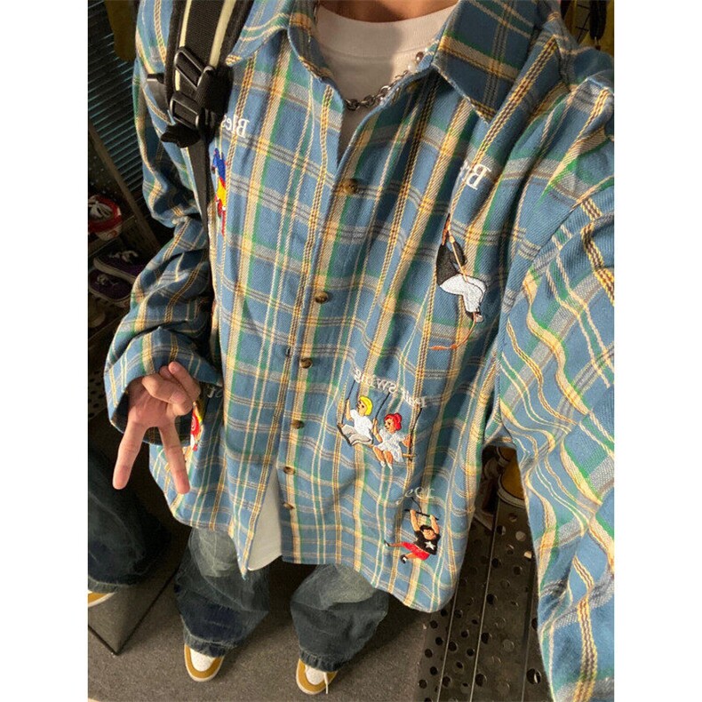 【有货】C38CC-特P38刺绣格子衬衫男长袖设计感高级休闲衬衣,男装衬衫,星座1007（原301D）