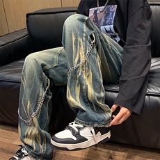 新款日系水洗牛仔裤男春秋季宽松直筒裤拉链阔腿裤N01041-P45，男装牛仔裤，星座308B-1