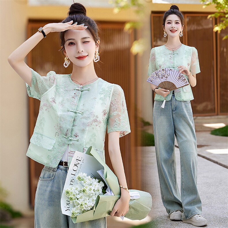 新中式国风短袖薄款外套女2024夏装新款流行欧根纱刺绣花盘扣上衣，女装短外套，艾仟回(原伊仟回)