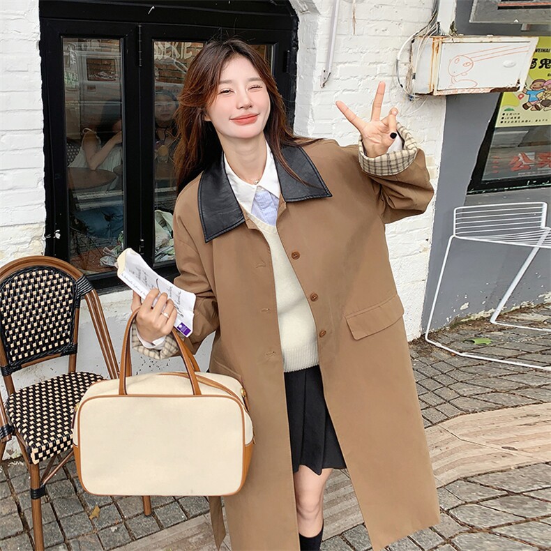 长款长袖薄款翻领女士格子领风衣韩版慵懒风大衣春秋气质小个子,女装风衣,蝶眷