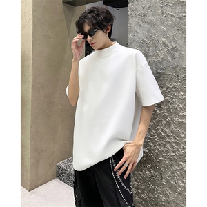 得物抖音二开230克宽松弹力打底衫小半高领痞帅短袖T恤夏季潮图片