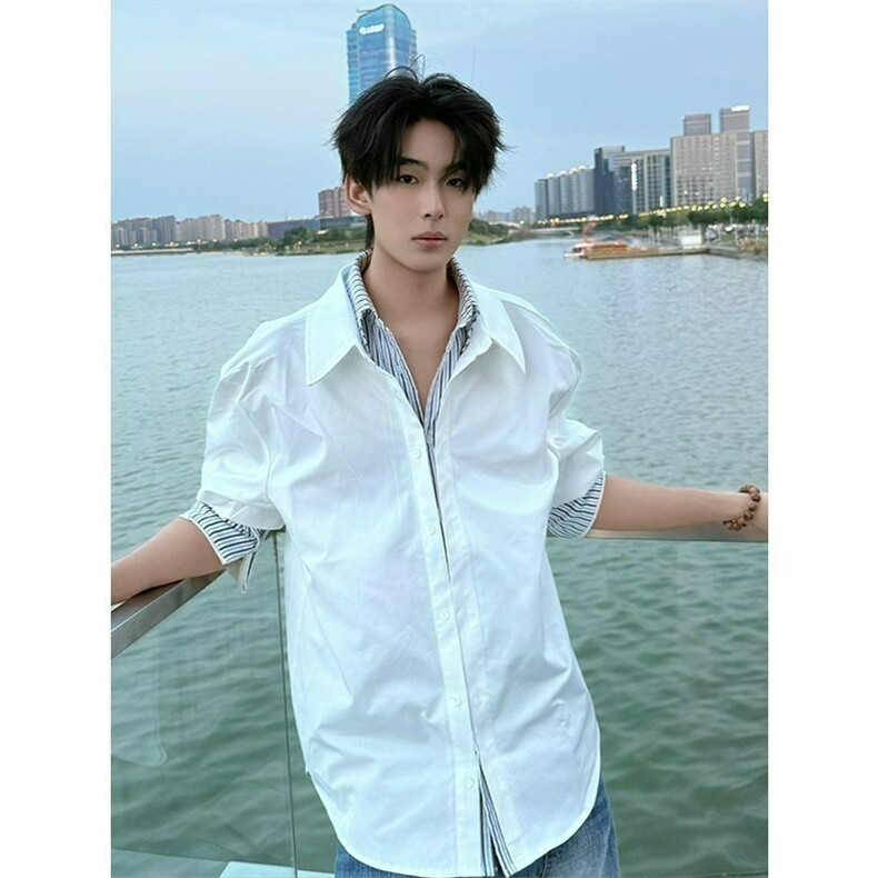 美式白色条纹撞色假两件衬衫男款夏季痞帅高级感cleanfit衬衣外套,男装衬衫,星座506A