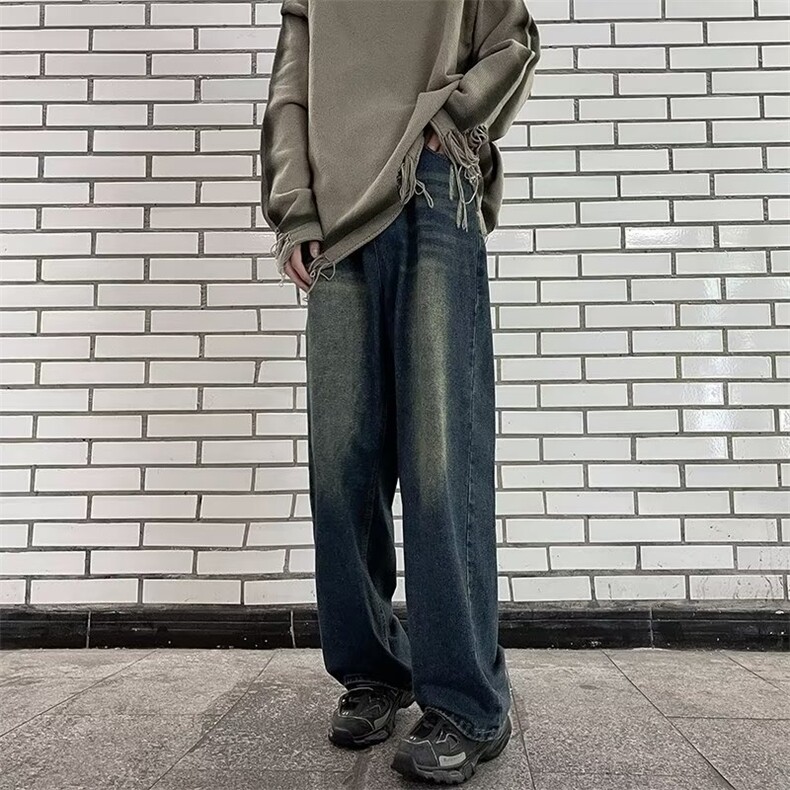美式复古宽松阔腿休闲裤垂坠感男vintage水洗做旧牛仔裤KT07-P48,男装牛仔裤,星座1109-3