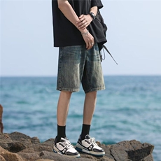 美式高街复古水洗牛仔短裤男直筒宽松大码潮牌vibe港风五分裤夏季，男装牛仔裤，星座601-1