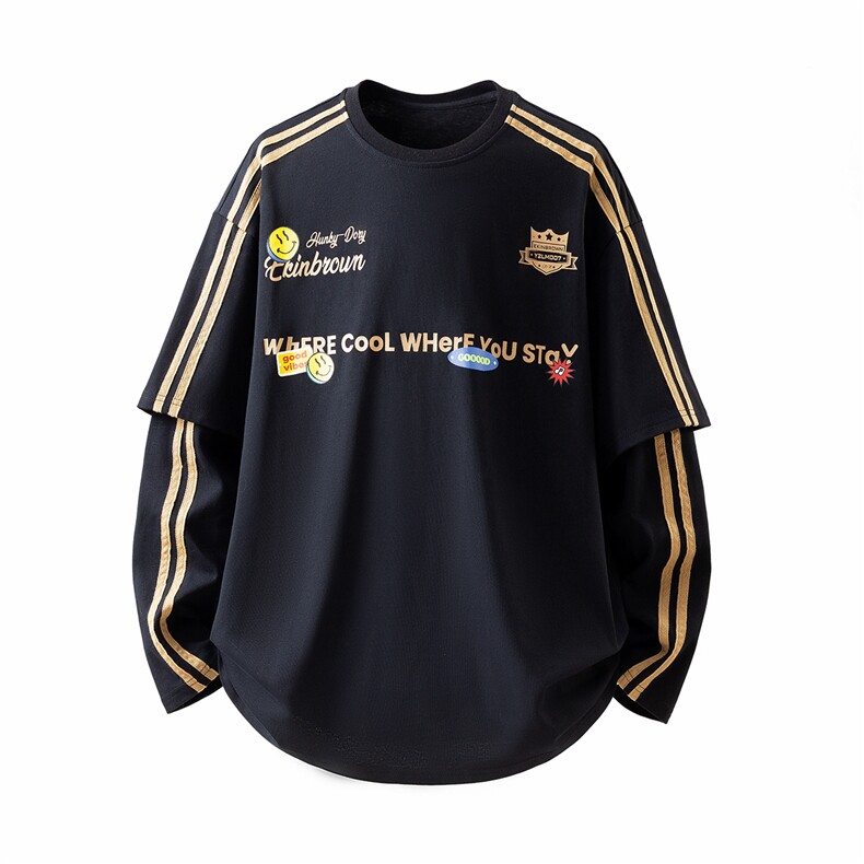 立体白底印花假二件袖子织带设计大码M-5XL长袖T恤CT78105P45控68，男装T恤，星座227-7