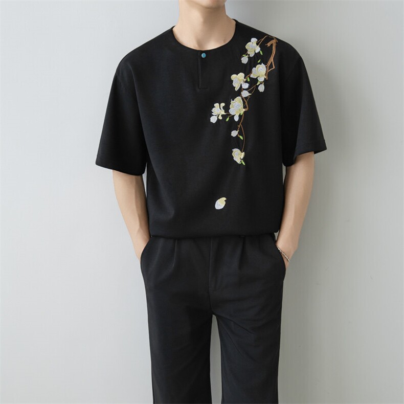 小伙纯色重工T恤男休闲宽松风刺绣衬衣轻熟风A236-82572-P55,男装T恤,电商A236