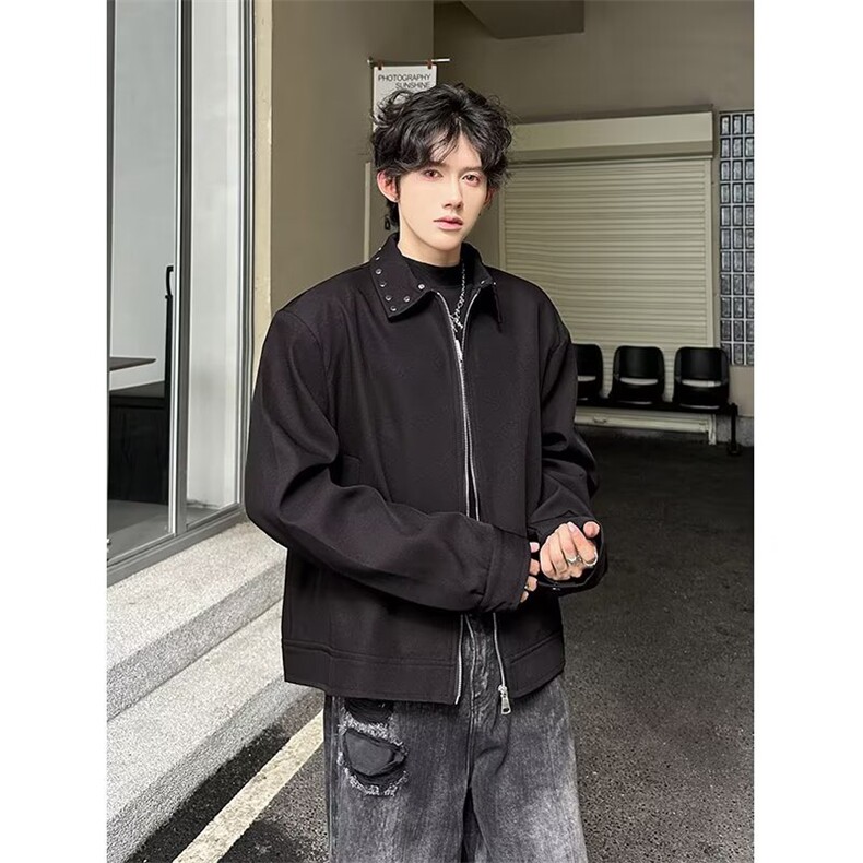 Y6634-P62复古高街褶皱翻领运动夹克男女春秋宽松休闲百搭,男装夹克,电商B323A