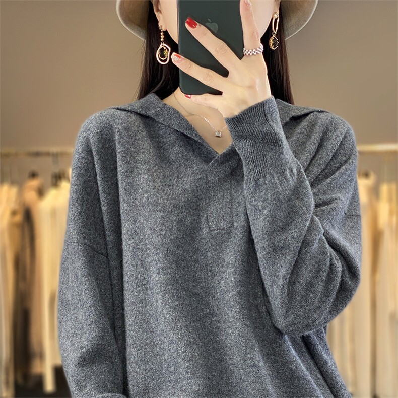 羊毛老钱风知识分子POLO领针织衫毛衣女宽松翻领加厚上衣,女装羊毛衫,盛鼎羊绒