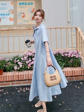 浅蓝色淡人设计感独特气质长裙女夏季2025轻熟风蝴蝶结甜美连衣裙，女装连衣裙，2D080