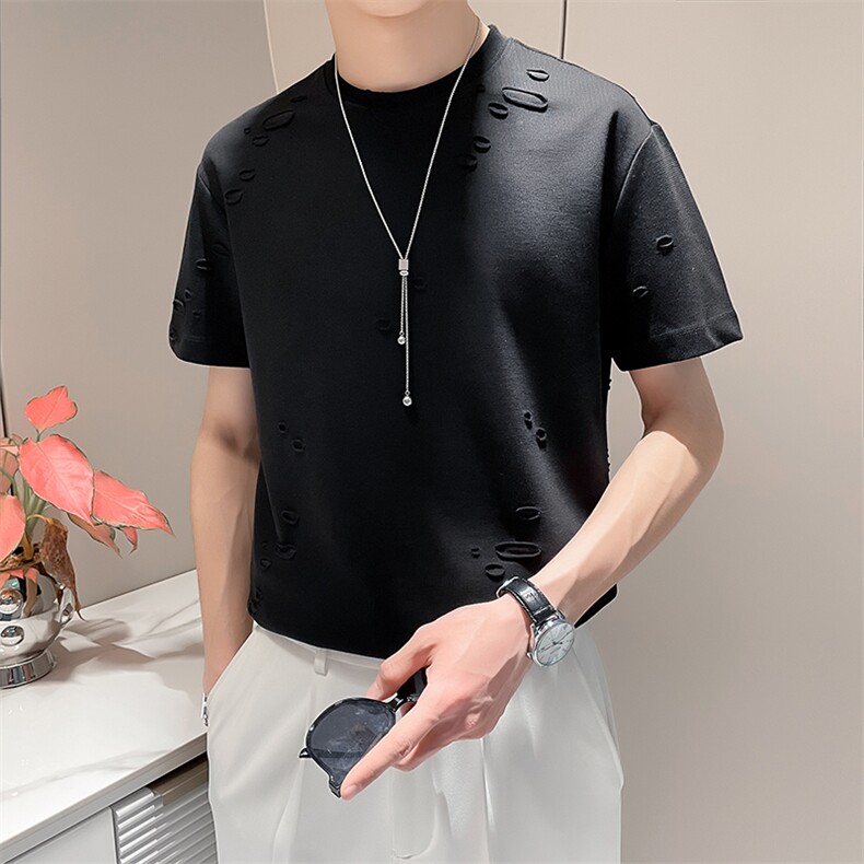 B216TX1009P502025夏装新款男士破洞潮流短袖T恤社会风,男装T恤,电商B216（原B302）