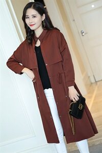 长袖中长款修身2021年春季纯色风衣显瘦个性简约百搭图片
