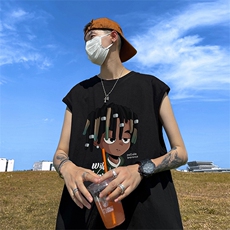 直播品质重磅纯棉220克美式印花宽松背心男女无袖t恤潮BX560P25，男装T恤，电商A486