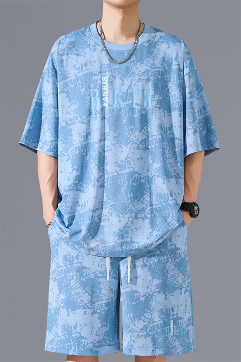 2025夏季新款无影墙大码冰丝印花短袖套装M-5XHQ25575-特P50,男装休闲套装,电商A022
