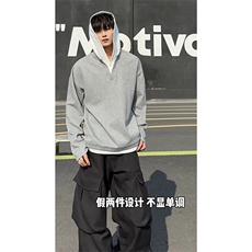 个性潮流假两件拼色连帽卫衣情侣款百搭320克高克重卫衣HY709TP48，男装卫衣，电商A102B