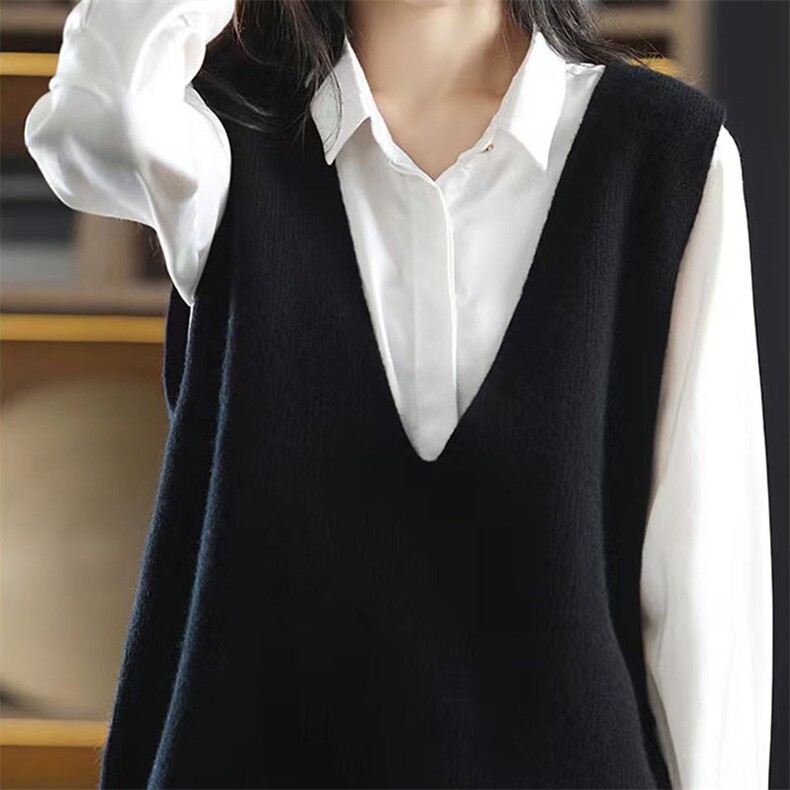 深V领套头针织马甲无袖坎肩女2024春秋新款宽松保暖外套针织背心，女装马甲，萱芳婷羊绒
