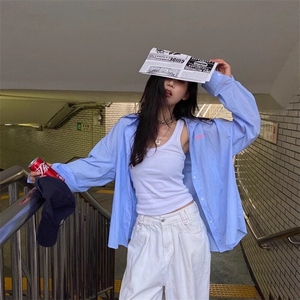 网图 CS31-特P38控68 春装男女字母印花衬衫宽松版条纹开衫衬衫图片