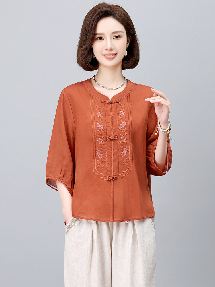 长期有货2026年夏新款苎麻莱赛尔天丝麻刺绣上衣衬衫女中短袖T恤,女装衬衫,璐依舞
