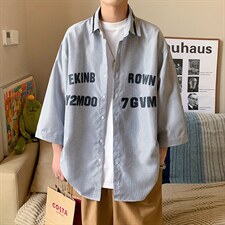 1港风竖条纹大码M-5XL中性风情侣潮七分袖衬衫男QCS7018P45控69，男装衬衫，星座226-2