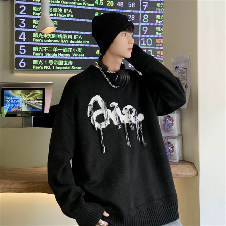 美式复古字母流苏毛衣男秋冬宽松针织衫oversize毛线衣M4331-P55,男装针织衫/毛衣,星座1008-2